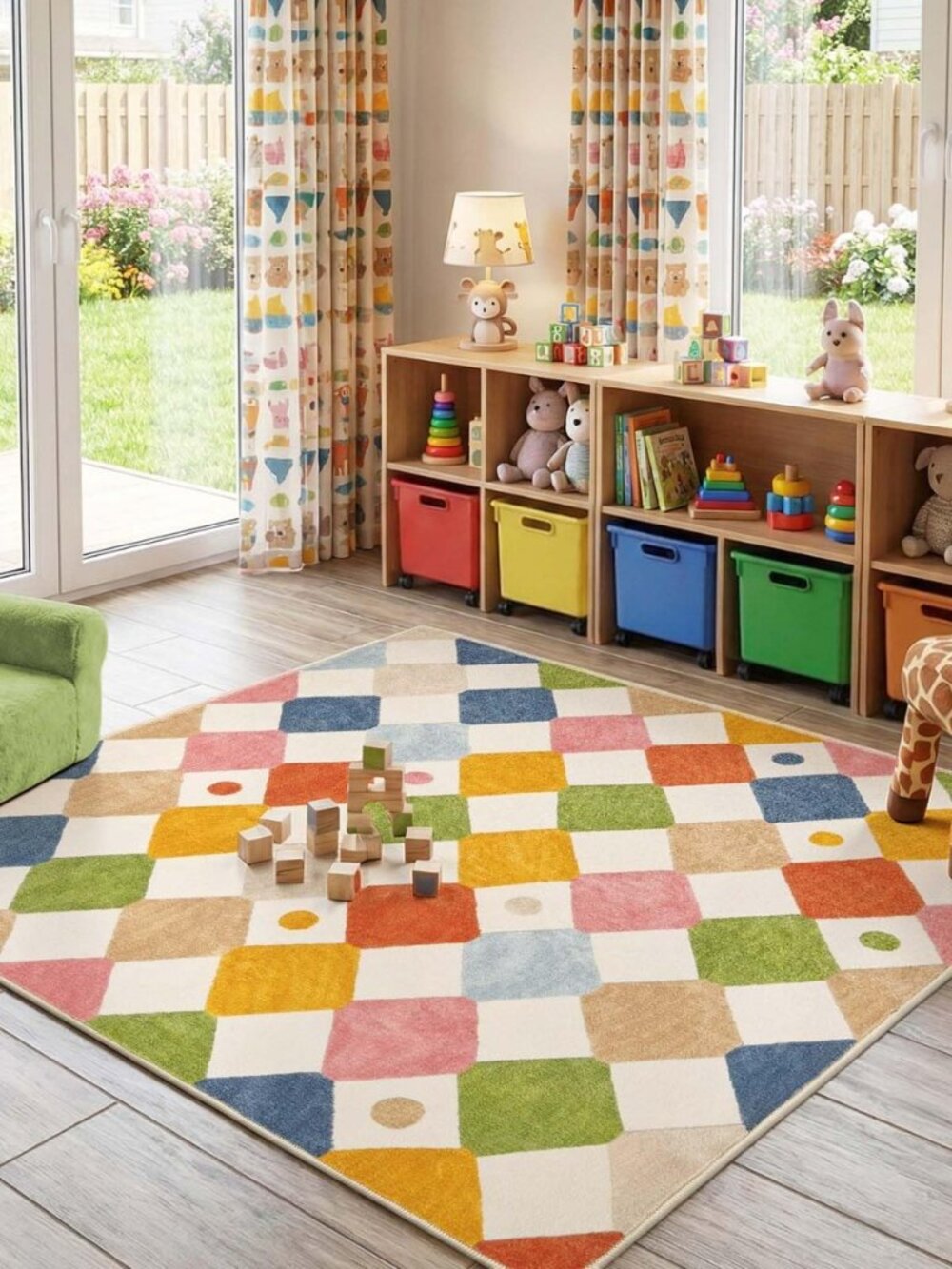 Checkered Square Rug 5x5 Washable Colorful Kids Room Play Mat